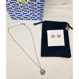 Tory Burch Miller Silver Rope Logo Pendant Necklace + Earring COMBO